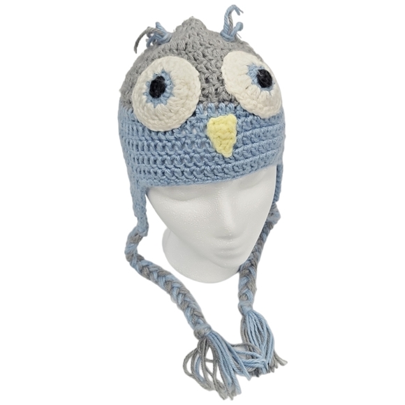 Handmade Crochet Blue Owl Stocking Cap with Tie - Picture 3 of 4